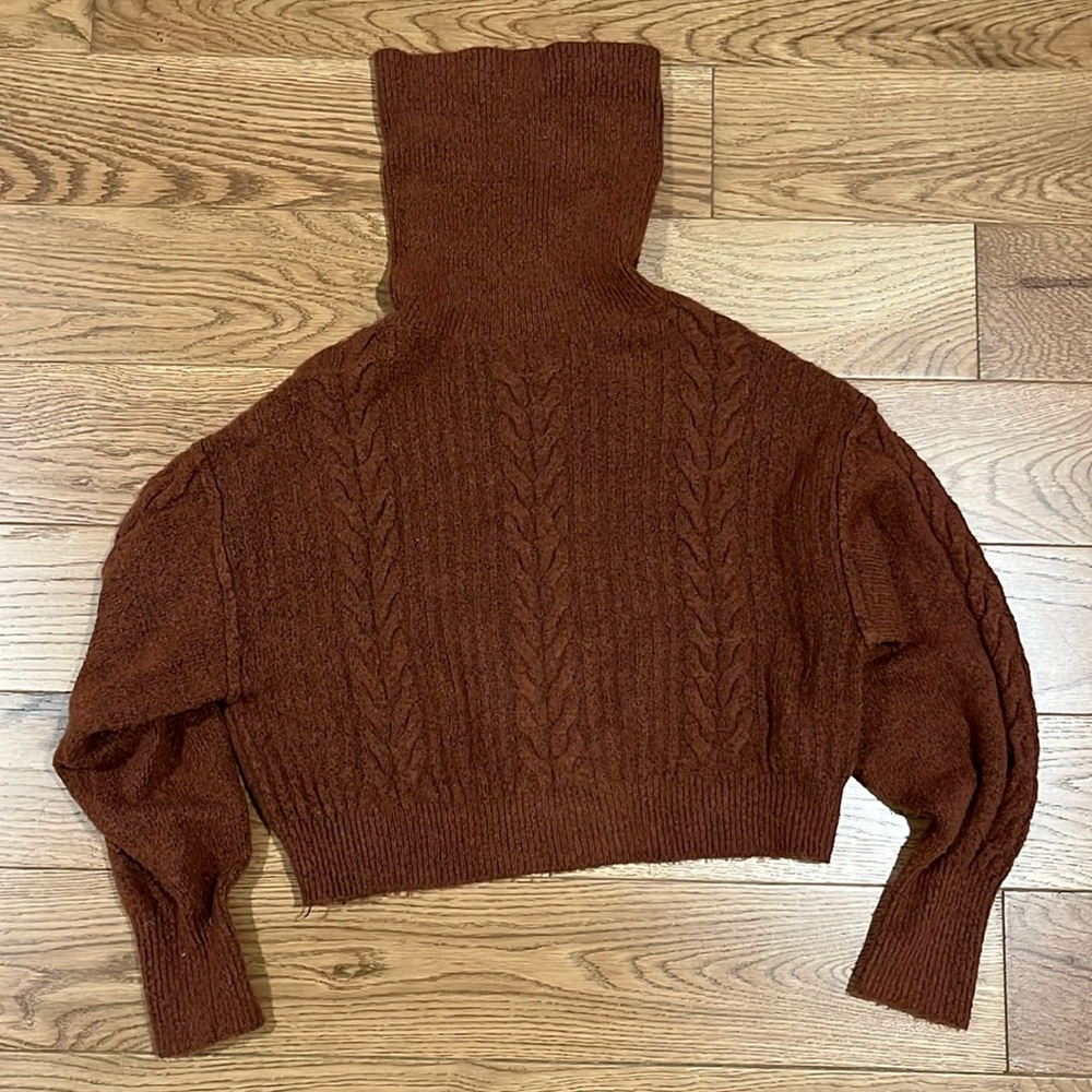 Girls Brown Pin Braided Center Stripe Turtleneck Crop Sweater